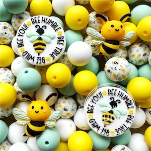 Bee Silicone Bead Mix, Focal Silicone Beads, Mixed 15mm Beads, Loose Beads Assorted