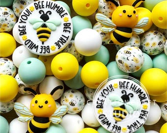Bee Silicone Bead Mix, Focal Silicone Beads, Mixed 15mm Beads, Loose Beads Assorted