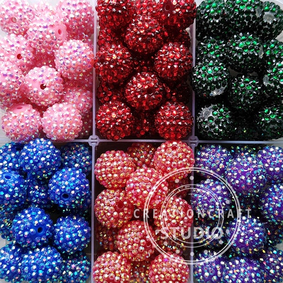 20mm Beads Green/Red, Rhinestone Bubblegum Bead, Resin Beads in Bulk,  Chunky Bubblegum Beads, Chunky Beads, DIY Necklace, Beading Supplies
