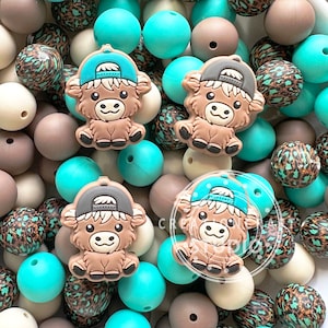 Highland Cow Focal Assorted Beads, 15mm Beads, Print Beads, Loose Silicone Beads Mix