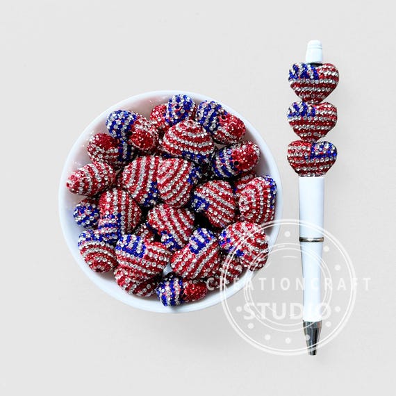 Sparkly Rhinestone Heart Patriotic Polymer Clay Beads,USA Flag Beads