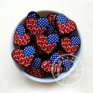 New American Flag Heart Silicone Focal Beads, Patriotic Beads, Independence Day Beads
