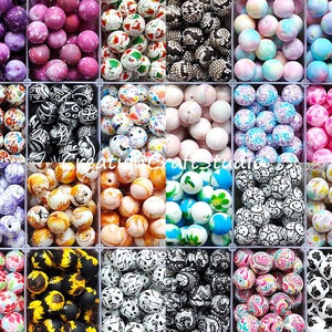 Perles en gros, perles rondes en silicone, perles imprimées, perles en vrac 12/15 mm