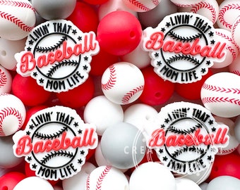 Baseball Mom Life Beads, Mix Silicone Beads, Baseball Beads, 15mm Round Beads, Assorted Lot