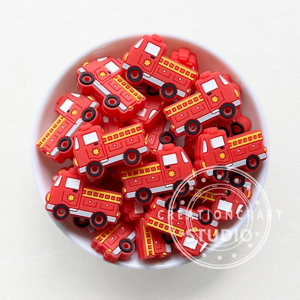 Fire Truck Silicone Beads, 21*30mm, Soft Silicone Beads, Cartoon Beads, DIY Lanyard Keychain Work ID Badge Holder Keyring Gifts