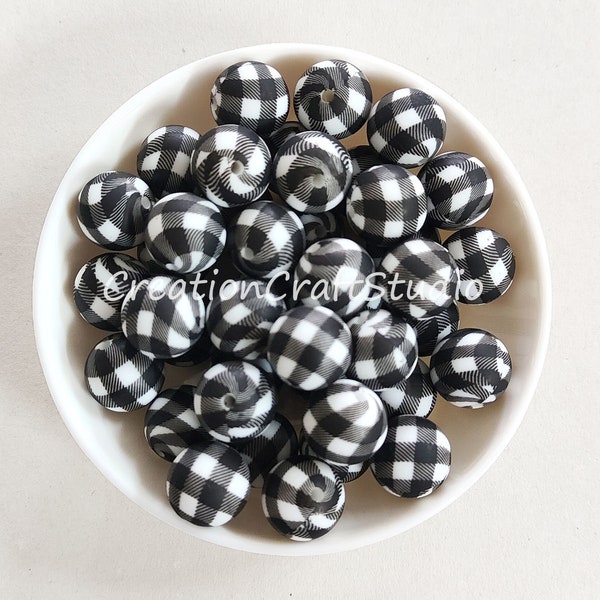 Perles de silicone à carreaux blancs noirs de nouvelle conception, perles de silicone de 12/15 mm, perles de silicone rondes en vrac, perles en vrac artisanales, accessoires de bijoux à bricoler soi-même