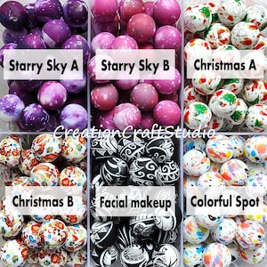 May include: Assortment of colourful wooden beads with various patterns. The beads are arranged in a grid with labels: "Starry Sky A", "Starry Sky B", "Christmas A", "Christmas B", "Facial makeup", and "Colorful Spot".