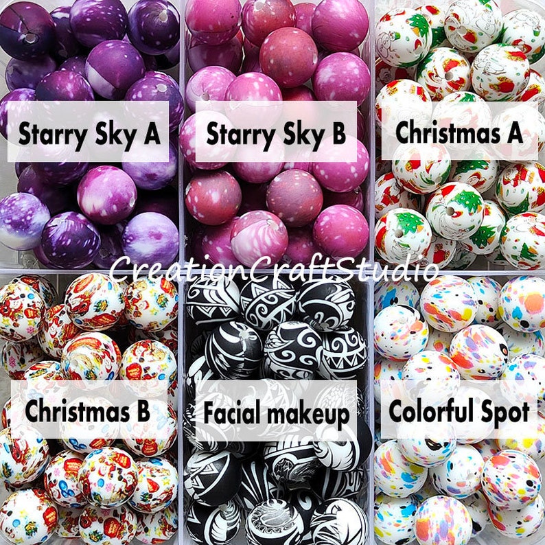 May include: Assortment of colourful wooden beads with various patterns. The beads are arranged in a grid with labels: "Starry Sky A", "Starry Sky B", "Christmas A", "Christmas B", "Facial makeup", and "Colorful Spot".