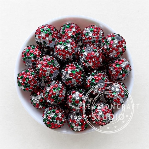 Christmas Rhinestone Bubblegum Beads, 20mm Rhinestone Acrylic Beads, Confetti Rhinestone Beads, 20mm Chunky Beads