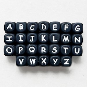 Black English Letter Silicone Beads, Alphabet Silicone Beads, 12mm Silicone Letters Beads, Alphabet Letter Beads, Cube Silicone Loose Beads