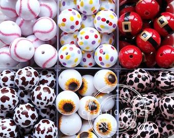 Chunky 20mm Cow/Santa/Soccer/Sunflower/Baseball Print Bubblegum Beads, Gumball Acrylic Beads