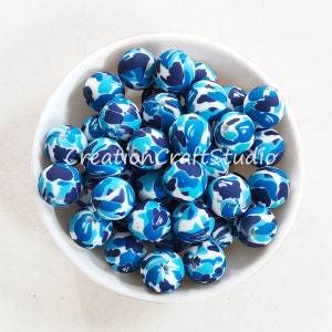 Blue Camo Silicone Beads, Round Silicone 12/15mm 10-100 PCS Beads, Pearl Silicone Ball, Print Silicone Beads, DIY Bracelet Jewelry Making