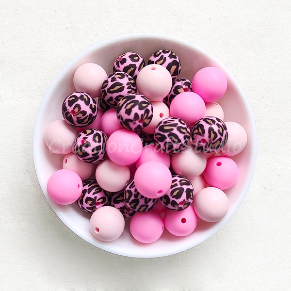 3 couleurs perles mixtes, perles de silicone imprimées léopard rose, perles de silicone 12mm 15mm, perles molles, pour la fabrication de bracelets porte-clés, boule ronde