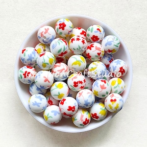 Wholesale Beads, 15mm Small Wild Flowers Silicone Beads, Print Silicone Beads, Round Silicone Beads, Craft Beads for Jewelry Making