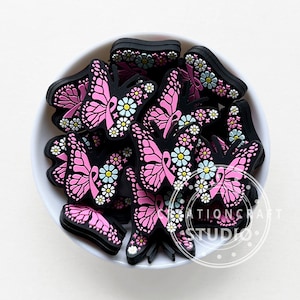 Breast Cancer Butterfly Focal Beads, Floral Butterfly Beads, Pink Ribbon Silicone Focal Beads