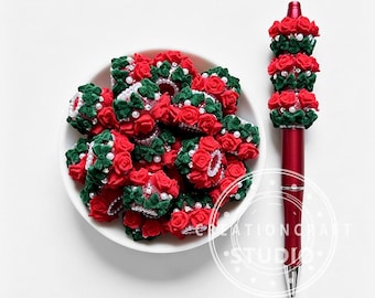 Schleifen-Rosenblumen-Schmuck mit beflockten Perlen und Strasssteinen, Weihnachtsschmuck zum Selbermachen