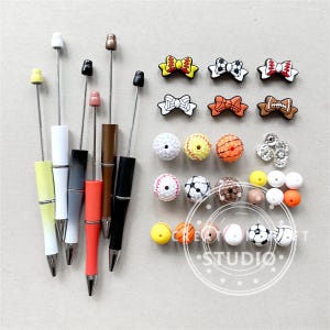 6Pcs Beadable Pen & Loose Beads Sets, Sport Beads, Beadable Pens Bulk Assorted Bead DIY Bead Pen Set