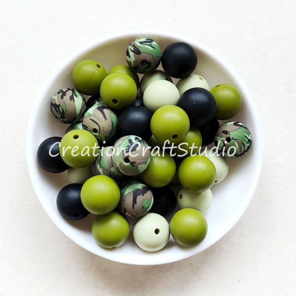 Camo Print Silicone Beads, Mixed Lot Silicone Round Beads, DIY Necklace Jewelry Making, HandCrafts Beads, 12/15mm Silicone Beads Bulk