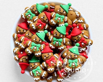 New Christmas Bow Gingerbread Man Hat Focal Silicone Beads,DIY Holiday Keychain Making