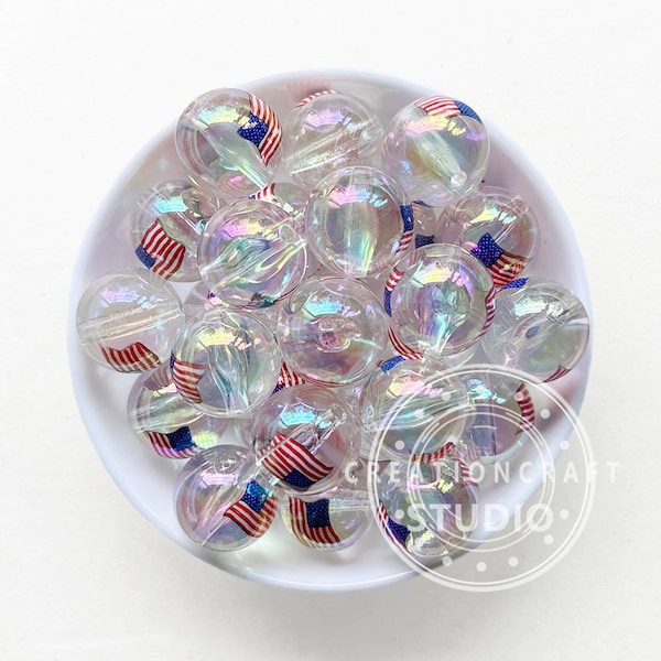 20mm American flag Print Beads, Acrylic Gumball Beads, UV Chunky Bubblegum Beads, Patriotic Beads