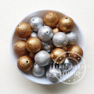 20mm Bubblegum Beads, Chunky Round Gold Silver Wrinkle Acrylic Beads