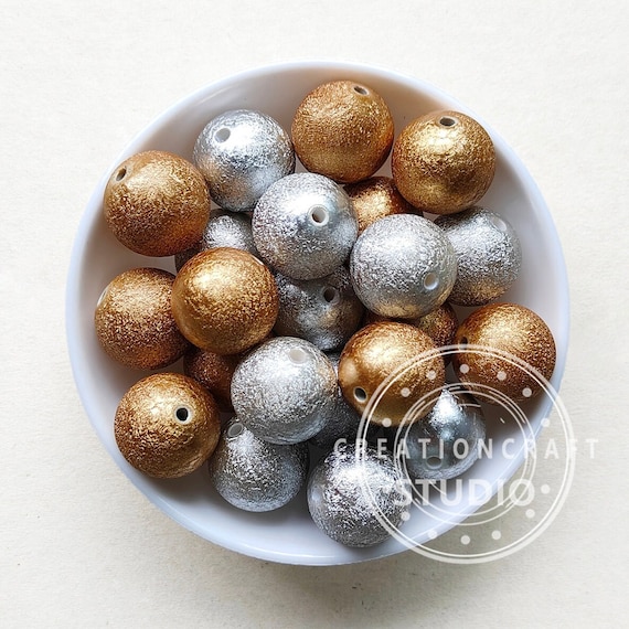 20mm Bubblegum Beads, Chunky Round Gold Silver Wrinkle Acrylic Beads