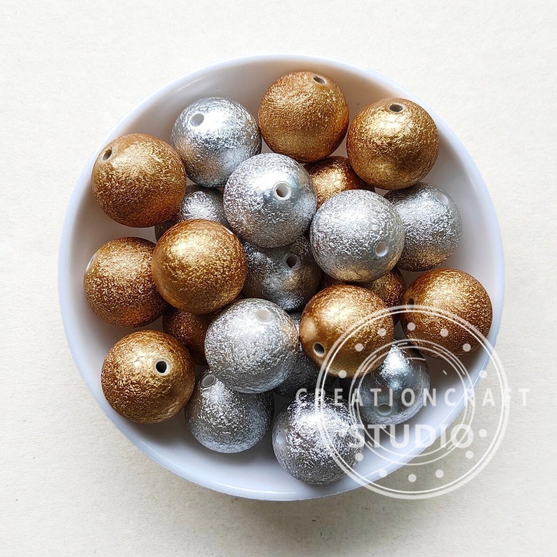 20mm Bubblegum Beads, Chunky Round Gold Silver Wrinkle Acrylic Beads