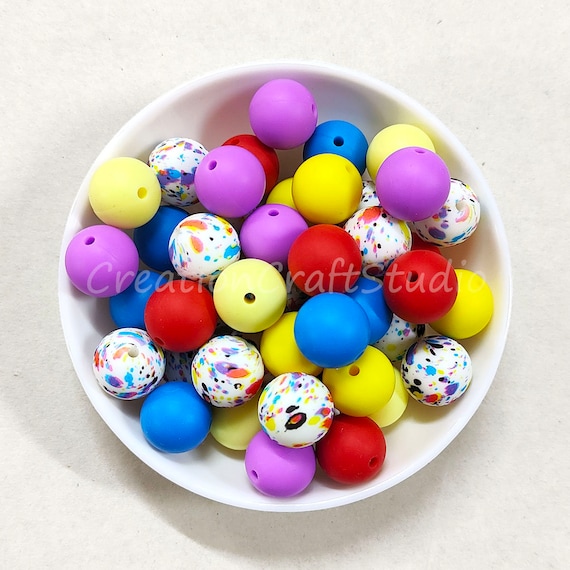 New Print Silicone Bead, Mixed Color, Wholesale Beads, Soft Silicone Beads,  12mm/15mm Silicone Beads, Round Beads Bulk, DIY Necklace 