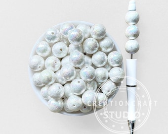 16mm 虹色に輝くしわ加工の白いパールのような丸いアクリルビーズ DIYブレスレット キーホルダー
