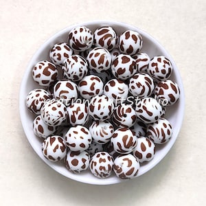 15mm Brown Cow Print Silicone Beads, Focal Beads, Bulk Round Silicone Beads