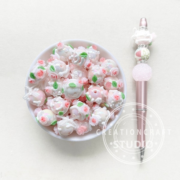 Lote de 10 cuentas acrílicas surtidas con diseño floral, cuentas de chicle pintadas a mano.