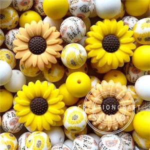 Sunflower Focal Beads, Silicone Beads Mix Pack, Print Beads, 15mm Round Beads, Assorted Beads
