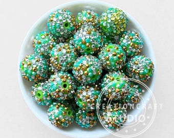 New 20mm Green Gold Confetti Rhinestone Bubblegum Acrylic Beads,Chunky Beads for Pen