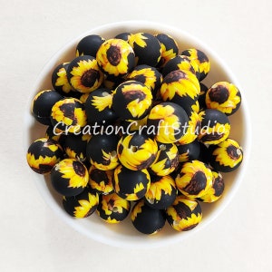 12/15mm Sunflower Silicone Beads, Round Shaped Beads, Print Silicone Beads