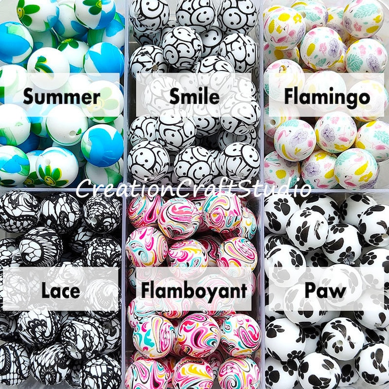 May include: Six containers of colourful silicone beads for jewellery making. The containers are labelled "Summer", "Smile", "Flamingo", "Lace", "Flamboyant", and "Paw".