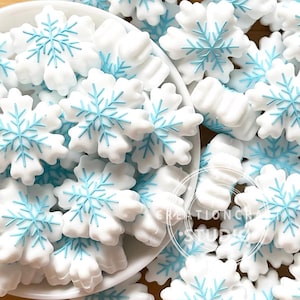 May include: A collection of white snowflake-shaped beads with light blue printed details. The beads are arranged in a white bowl and scattered around it. A circular watermark with the text CREATIONCRAFT STUDIO is visible on the lower right side.