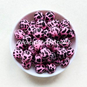 Novas contas de silicone em formato de vaca rosa, contas de silicone impressas, contas de silicone redondas, contas de silicone de 15 mm, acessórios para joias com contas