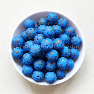 Blue Leopard Silicone Beads, Silicone Print Beads, Craft Silicone Beads, DIY Keychain Women Gift, 15mm Round Silicone Beads, Jewelry Making