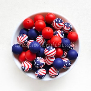 USA Flag Print Silicone Mixed Beads, Patriotic Day Beads, Bulk Silicone Beads, 12/15mm Round Silicone Beads, Craft Jewelry Making
