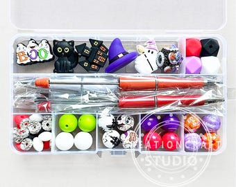 50Pcs Halloween Beadable Pen DIY Kit,Assorted Silicone & Acrylic Bead Box Set