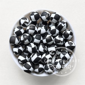 Ronde siliconenkralen, 12/15 mm zwart-witte siliconenkralen met ruitprint