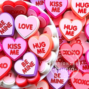 May include: A collection of pink, red, and purple heart-shaped candy charms with various Valentine's Day messages, including "Hug Me", "Kiss Me", "Be Mine", "Love", and "XOXO".