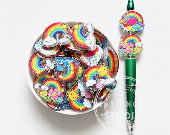 Rainbow Acrylic Flat Focal Beads,Assorted Designs Charm Beads for Beadable Pen Decor