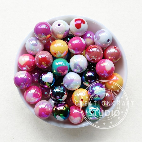 16mm Opal UV Heart Print Gumball Beads, Chunky Gumball Beads, Glossy AB Coated Beads,Bubblegum Beads