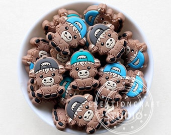 Silicone Focal Beads, Highland Cow Wearing Cap Beads, Silicone Beads, Cow Beads