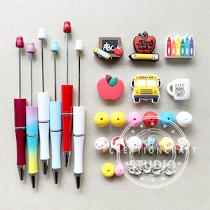Back To School Beadable Pens Set,Silicone Beads,Focal Beads,DIY Beadable Pen