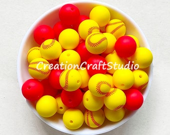 3 Colors Combo, Yellow Baseball Print Beads, 15mm Silicone Round Beads, Loose Beads Bulk, Soft Silicone Beads, DIY Beaded Jewelry Making