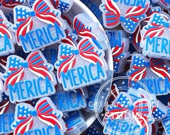 Glitter Patriotic Bow Silicone Beads,Focal Beads for Keychain Lanyard Making