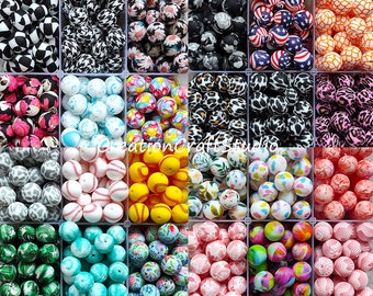 Bulk Round 12/15mm Silicone Beads, Print Silicone Beads, Silicone Loose Beads