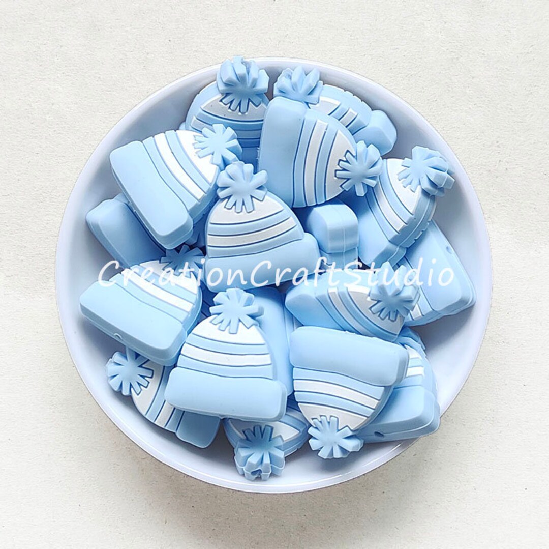 Bulk Silicone Beanie Hat Beads, Pastel Blue Hats Silicone Beads, DIY